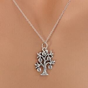 Sterling Silver Oxidized Money Tree Charm Necklace